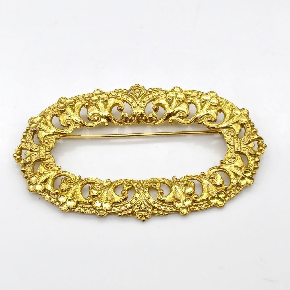 Art Deco Style Filigree Brooch, Chic Vintage Gold Tone Oval, Elegant Lapel or Sc
